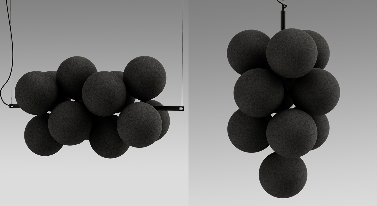 dark grey acoustic globes in a vertical and horizontal orientations