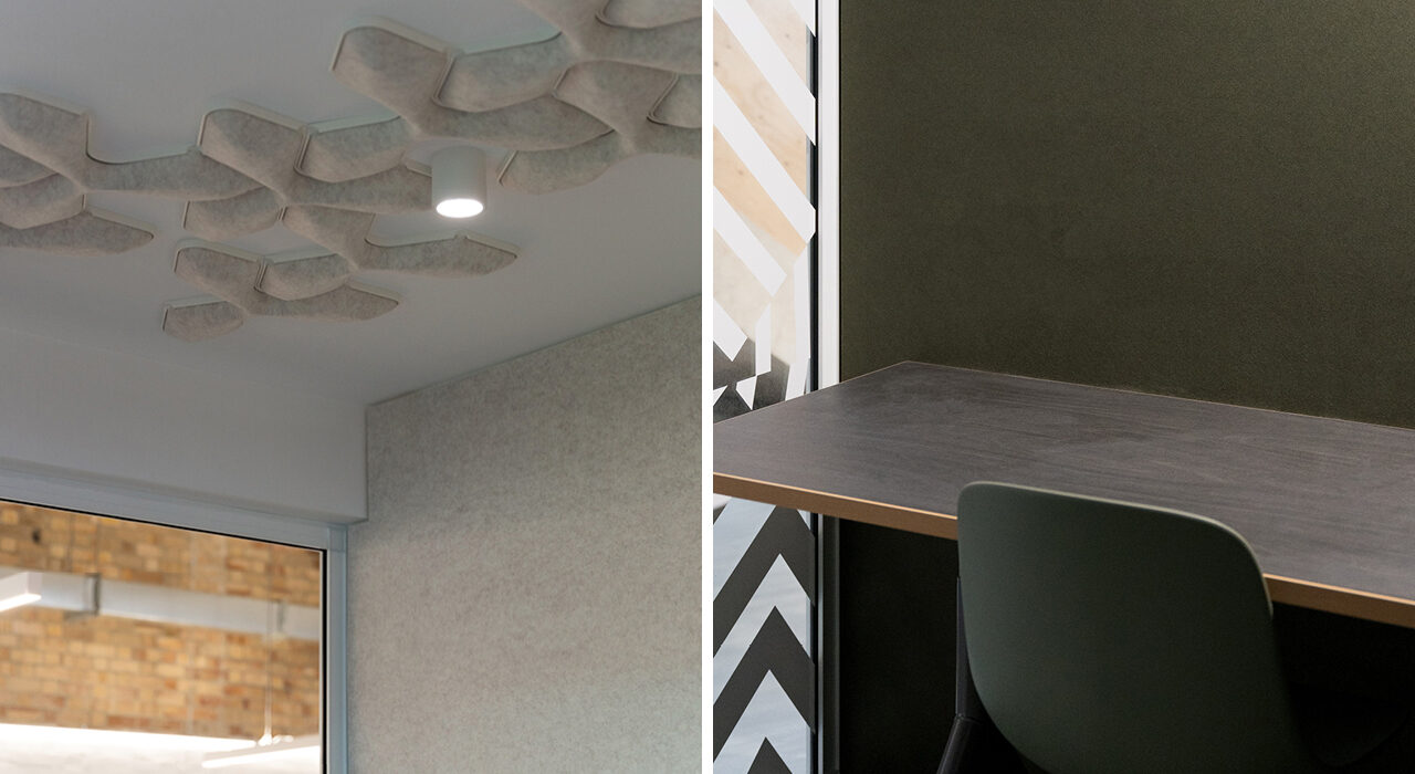 dark green acoustic panels and sound-absorbing tiles on office ceiling
