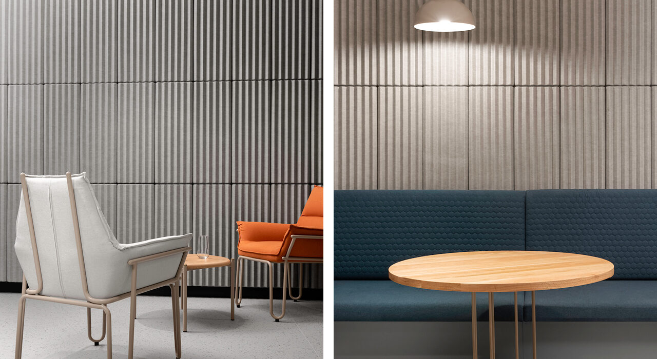 acoustic wall tiles with seating area