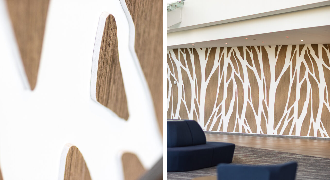 close up of custom cut digitally printed acoustic wall panels on lobby wall