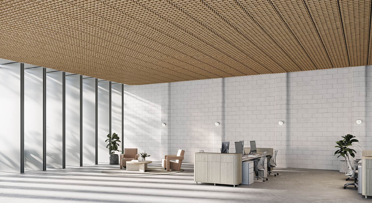cross section wooden acoustic drop ceiling tile above large office with long shadows through windows