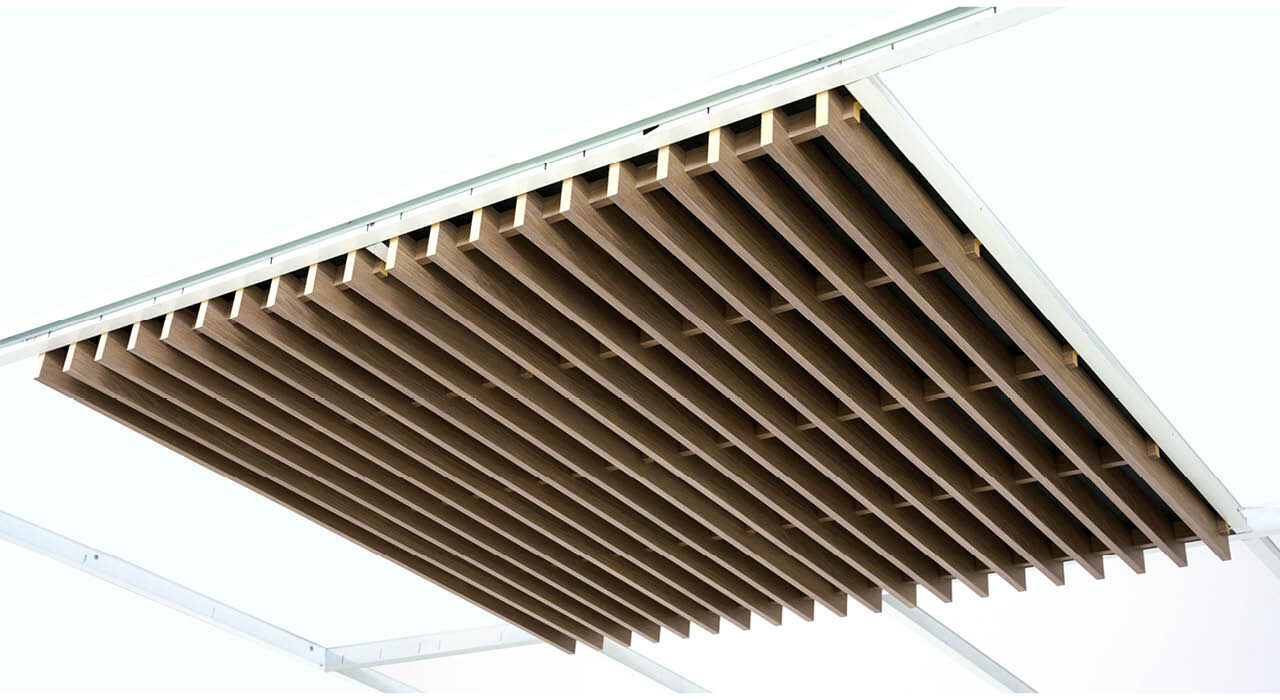 detail of linear wooden acoustic drop ceiling tile