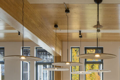 Lily acoustic light fixtures suspended above reception area