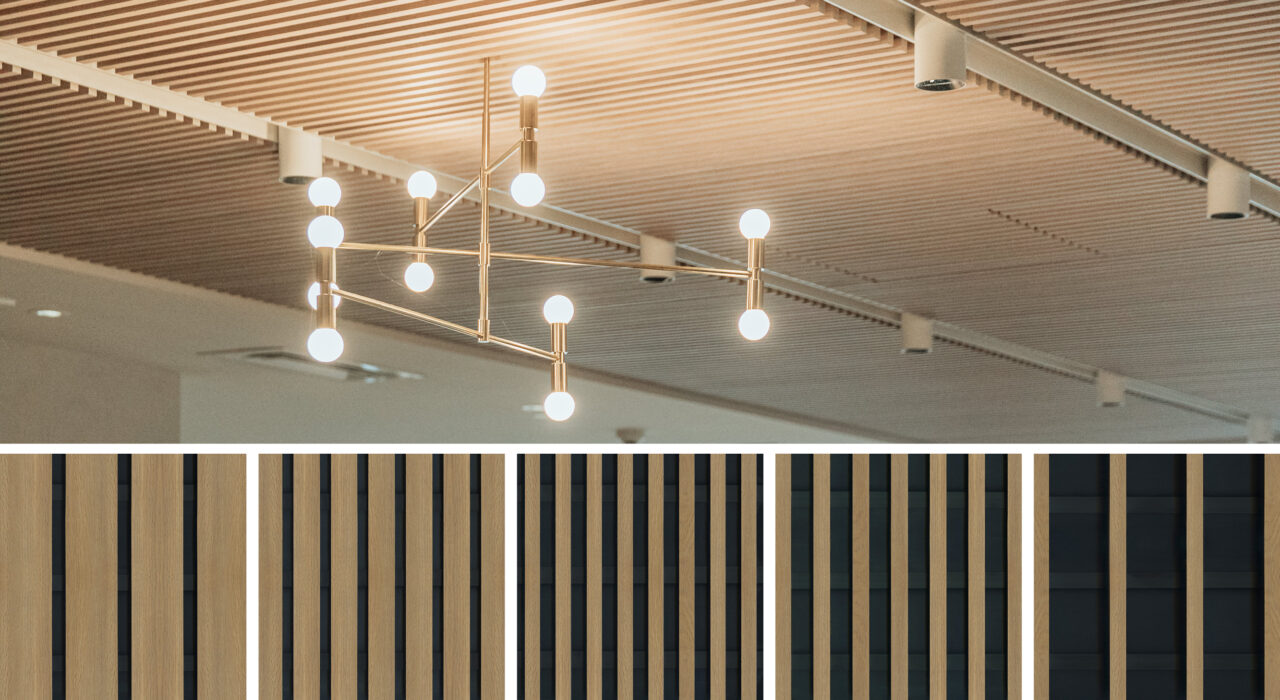 sound absorbing wood slatted panels installed on ceiling with chandelier