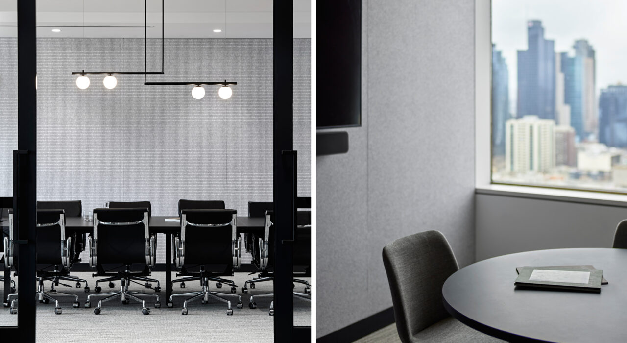 collage of several rooms using light grey sound absorbing panels and printed panels