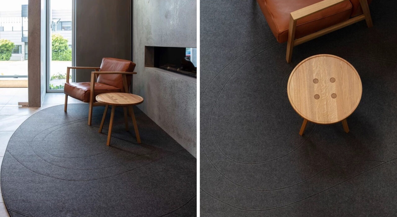 Fraster Felt acoustic Rug installed in Fraster's showroom with lounge seating