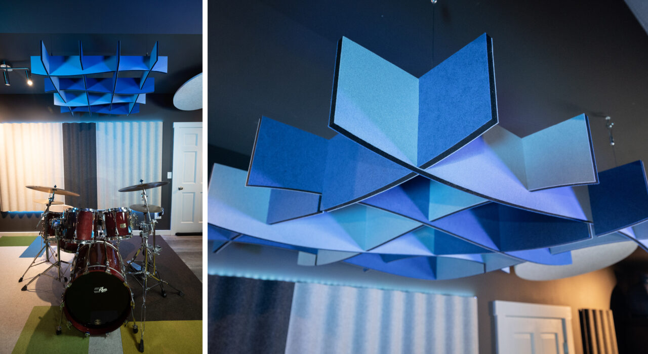 collage of blue sound absorbing baffle on music studio ceiling