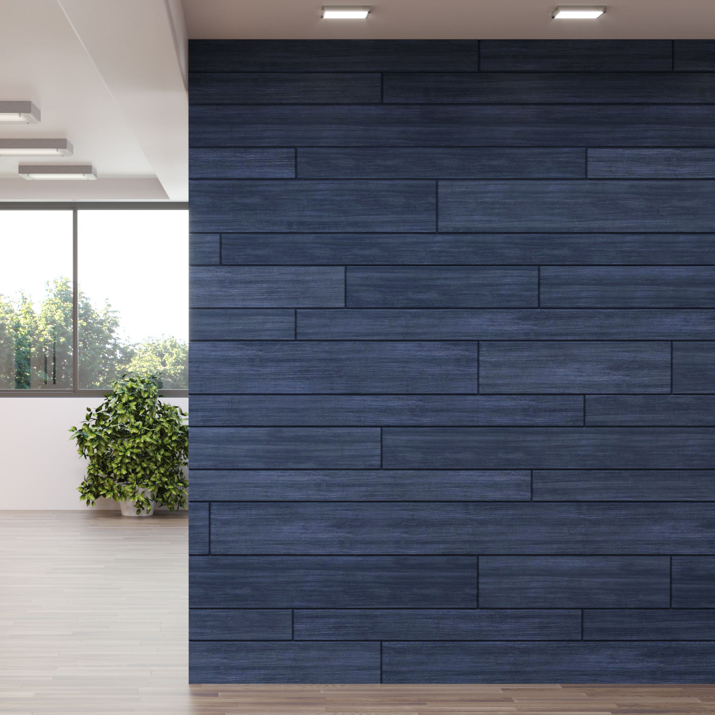 sound-absorbing tiles with a blue wood grain print on a wall