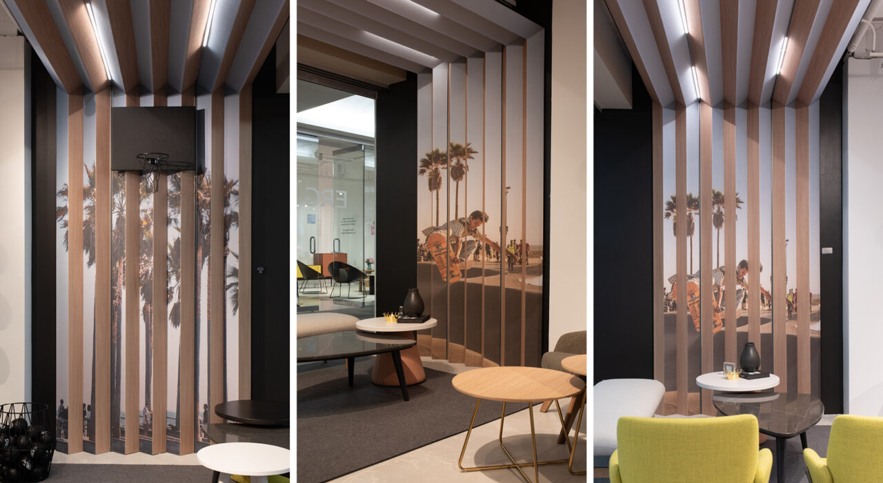 3 images of a wall to ceiling installation of Pinnacle acoustic system in ERG showroom