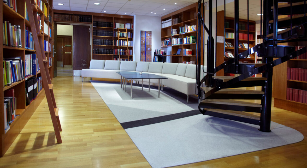 multi-colored wool felt rug under a large sofa in a library