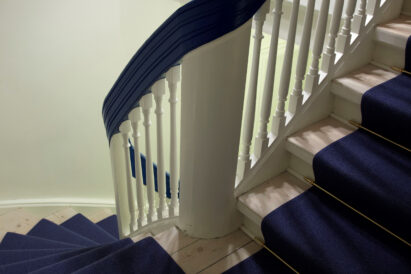 acoustic dark blue wool felt rug on staircase