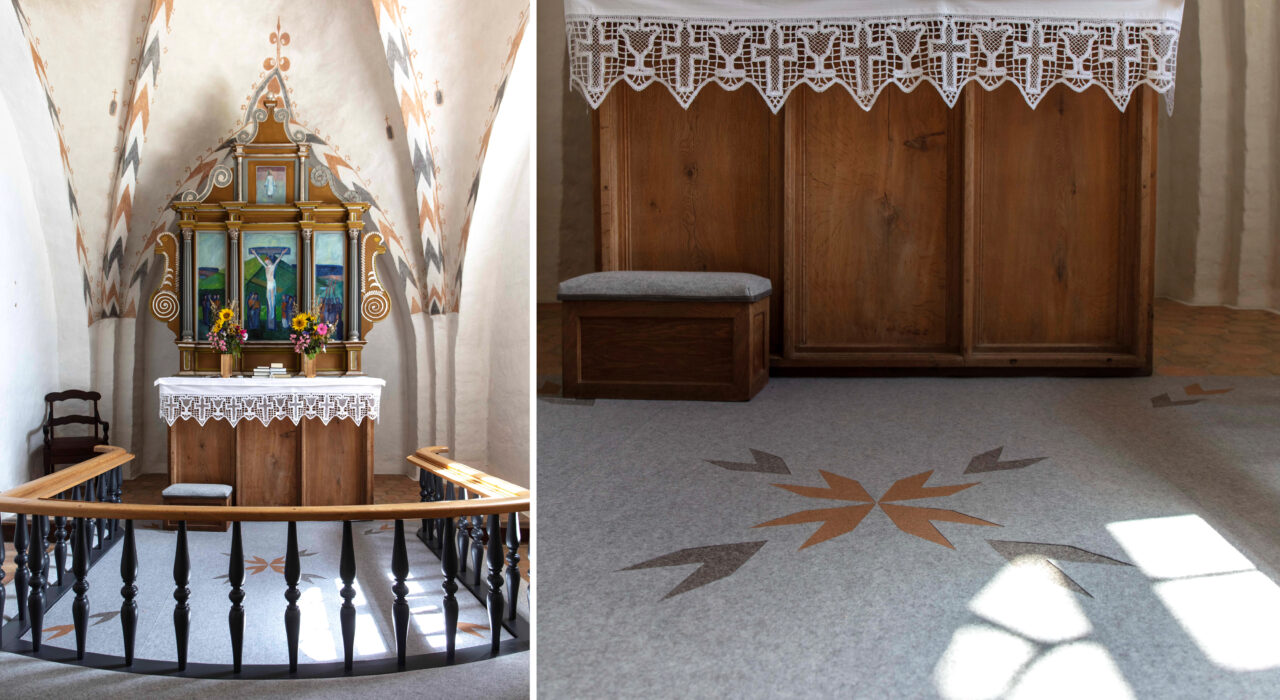 collage showing a church pulpit with sound absorbing rug