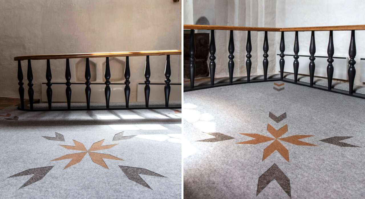 collage showing a sound absorbing rug in a church