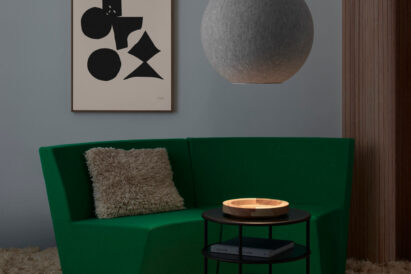 acoustic Wall of Art on wall and Moon Acoustic Light above sofa