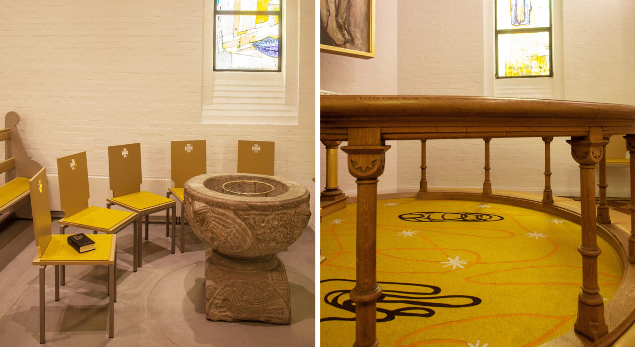 custom Fraster Felt sound absorbing wool felt rug and seat pads in a church
