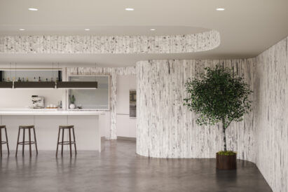 flexible acoustic wall panel with birch tree and lighted baffles