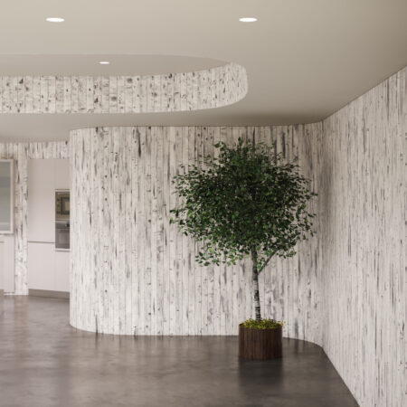 Radius acoustic wall panel with birch tree
