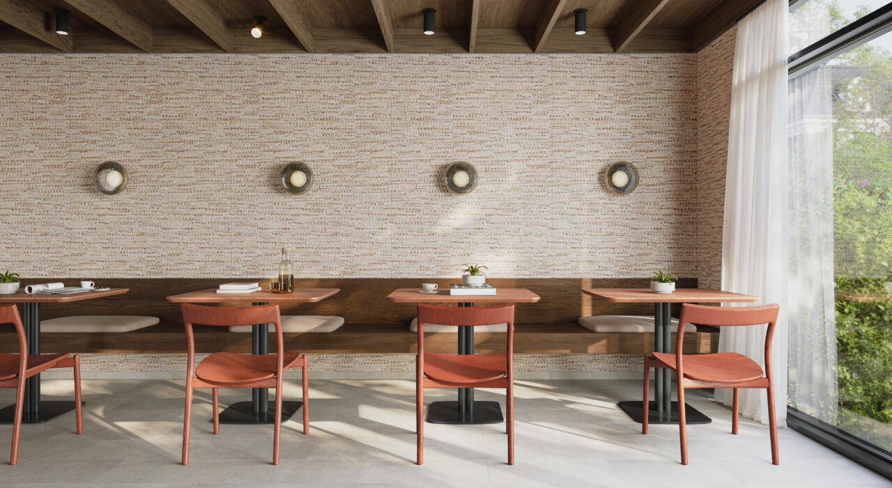 cream colored acoustic panel with organic orange pattern on restaurant wall