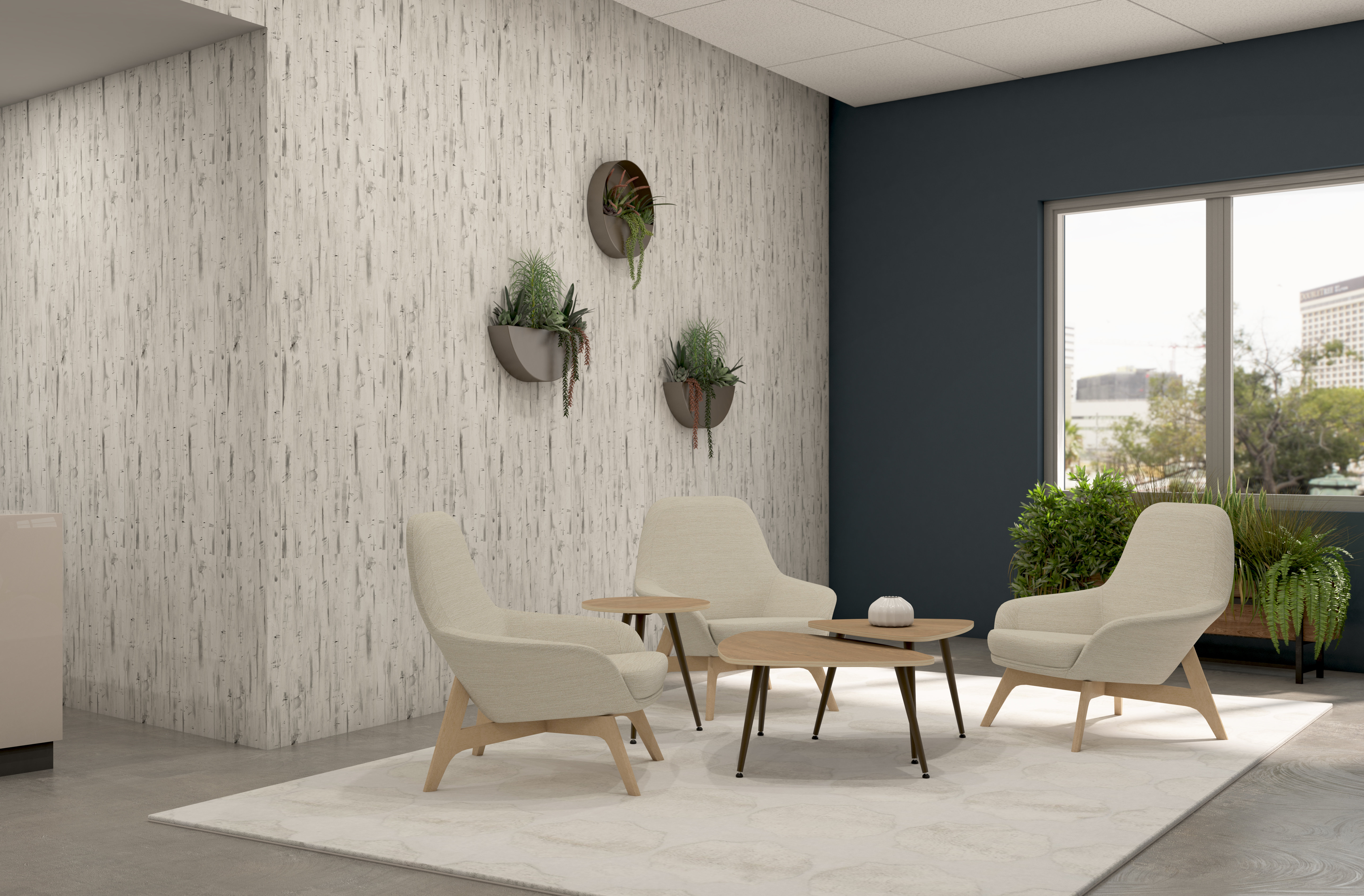 sound absorbing wallcovering with a birch tree pattern in a living room