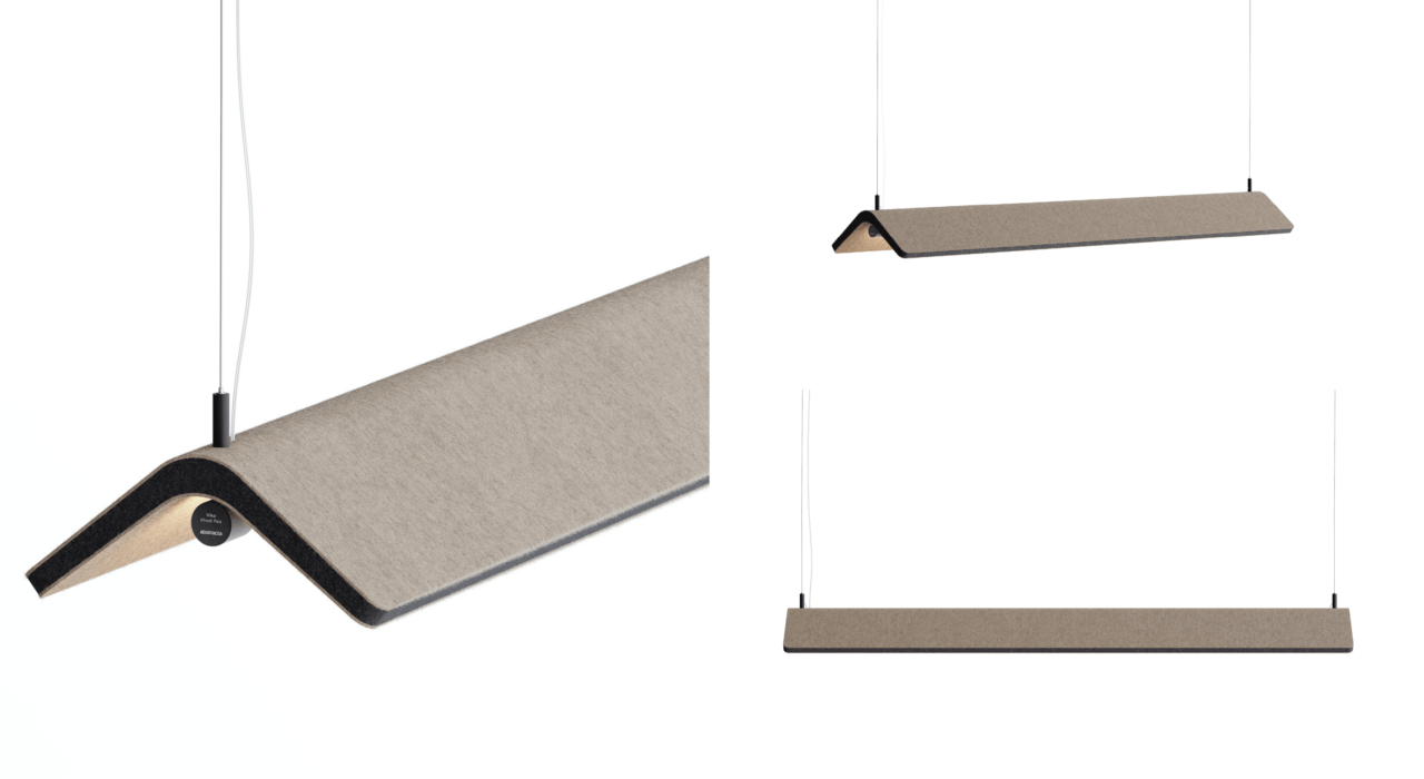 three images of a beige acoustic lighted ceiling fixture on a white background