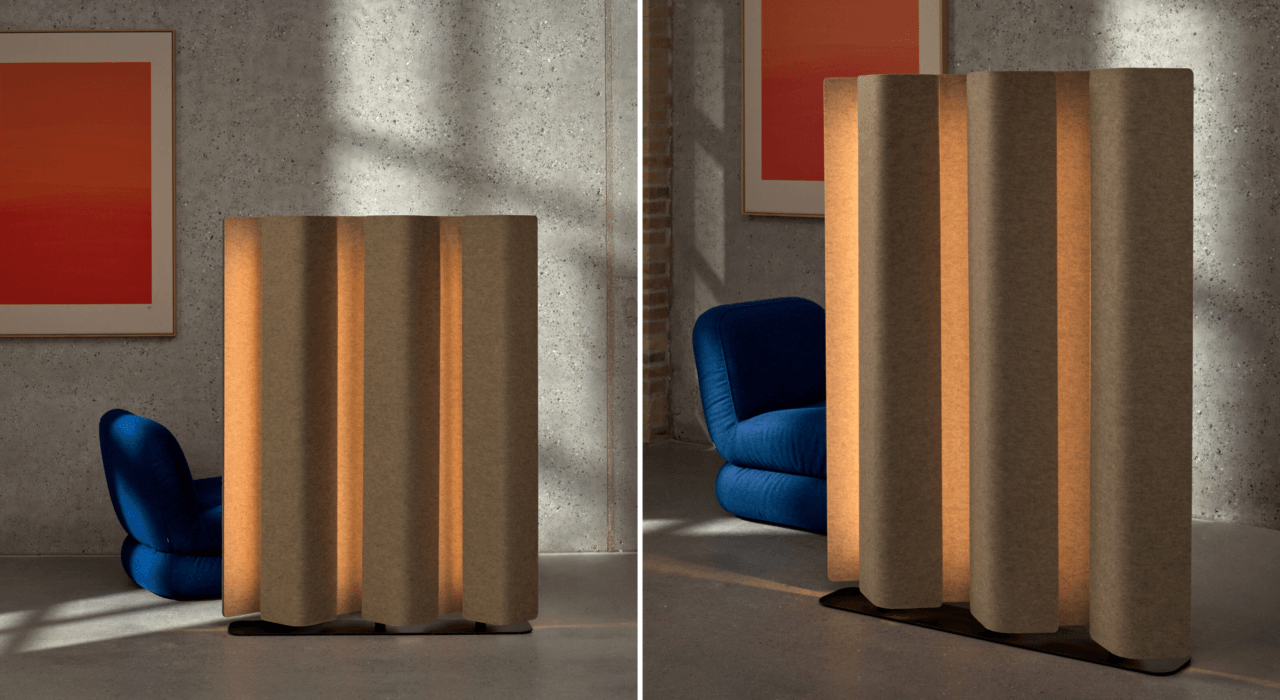 collage showing lighted beige acoustic floor screen from a couple angles