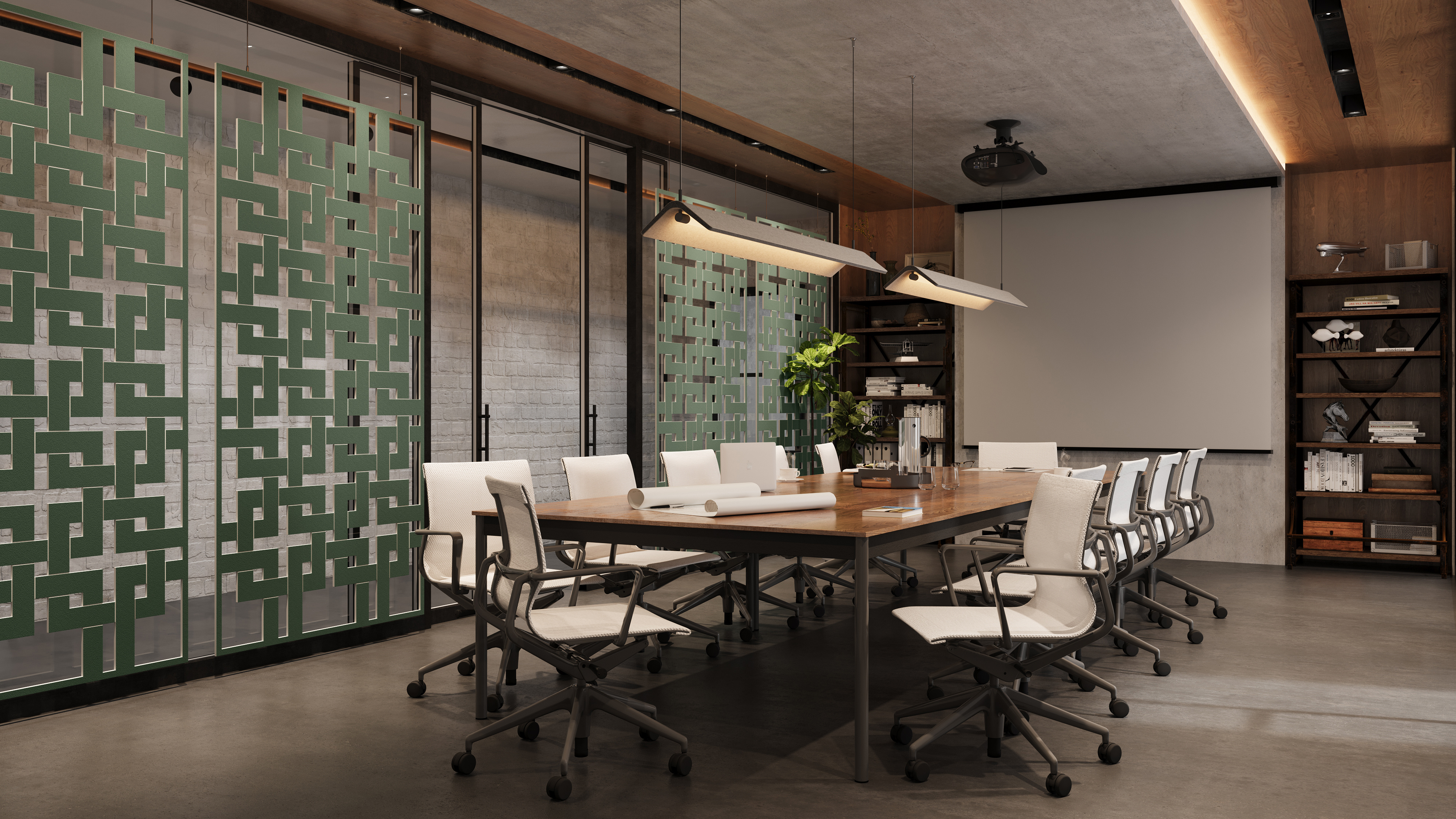several green printed acoustic screen dividers in office conference room