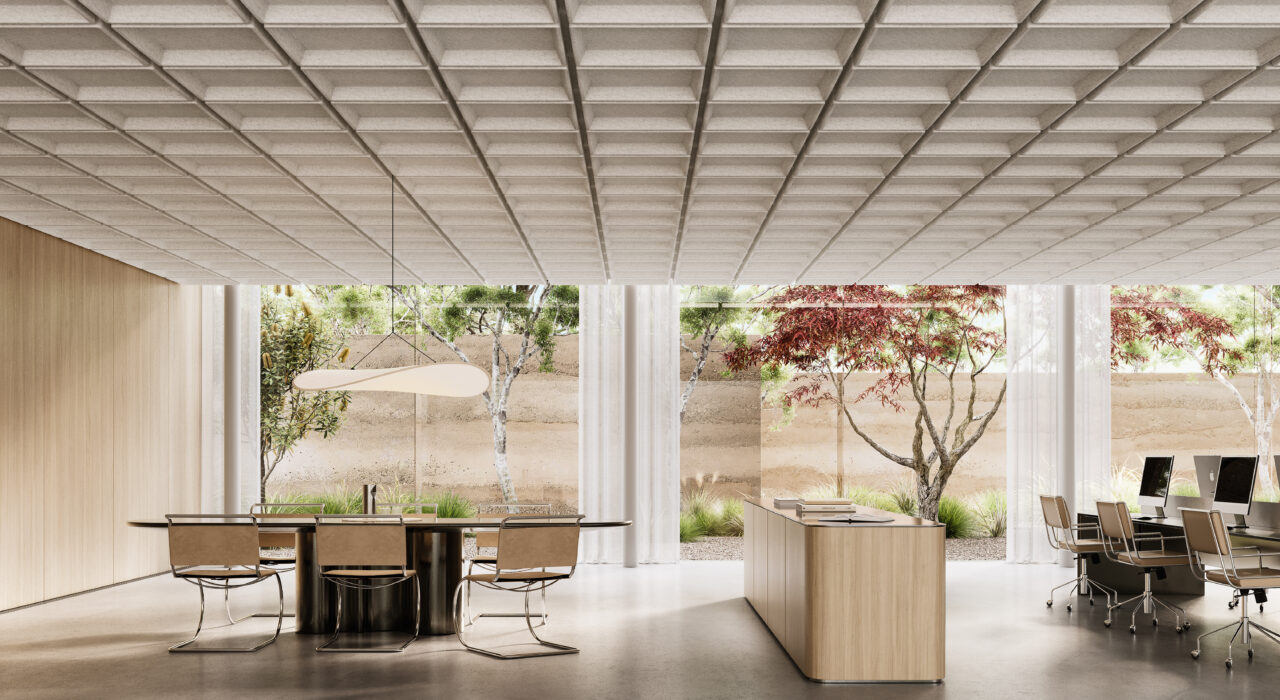 tan acoustic drop ceiling tiles above open office area